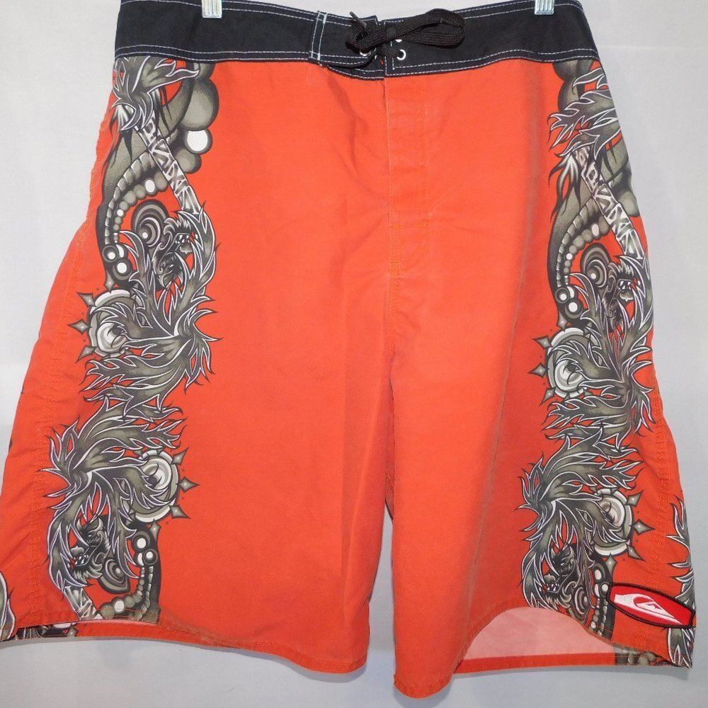 Quiksilver Orange Black Gray Unlined Swim Board Shorts Mens 38 Side Pattern